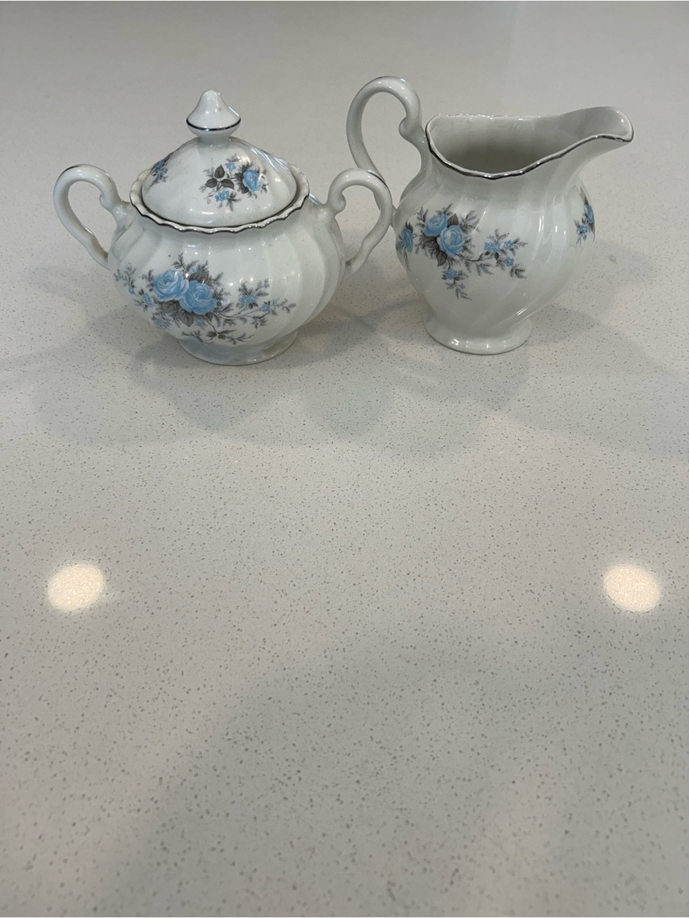 Vintage English Blue Rose Porcelain Creamer and Sugar Set